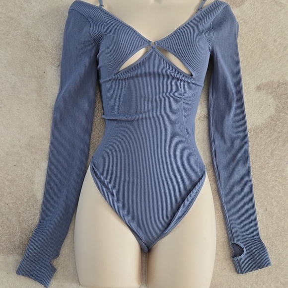 Free People Tops - Free People FO Movement Ribbed V-Neck Bodysuit Cut-Out Blue Top XS/S NEW!